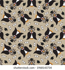 Seamless pattern of student, professor and scientists owls, glasses and square academic caps on beige background. Education, literacy day, back to school. Vector illustration.