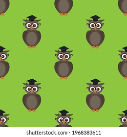 Seamless pattern of student, professor and scientists owls on green background. Education, literacy day, back to school. Vector illustration.