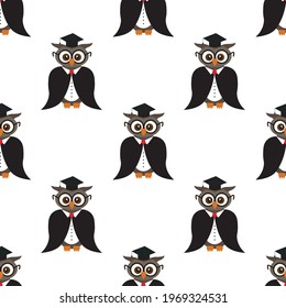 Seamless pattern of student, professor and scientists owls on white background. Education, literacy day, back to school. Vector illustration.