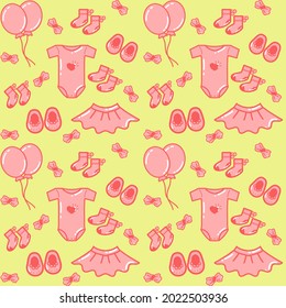 Seamless pattern  girl’s stuff , clothes,balloons, shoes, and ribbon suitable for textile,fabric design, wallpaper, and background 