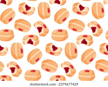 Seamless pattern with Stuffed doughnut whole and bitten. Repeated cartoon flat vector illustration for wallpaper, wrapping, textile, scrapbooking. Pastry donut with jam. Sweet unhealthy food.