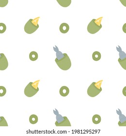Seamless pattern with stuffed olives with fish and lemon, and olive slices. White background. Flat style. For prints, backgrounds, wrapping paper, textile, wallpaper, etc. 