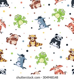 Seamless pattern with stuffed toys. Cute cartoon animals background. Panda, dog, raccoon, frog, cow, donkey 