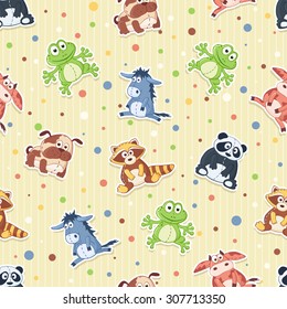 Seamless pattern with stuffed toys. Cute cartoon animals background. Panda, dog, raccoon, frog, cow, donkey.