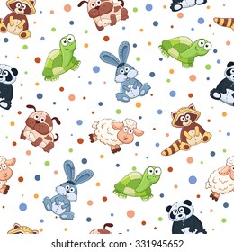 Seamless pattern with stuffed toys. Cute cartoon animals background. Cat, lion, mouse, elephant, turtle, sheep.