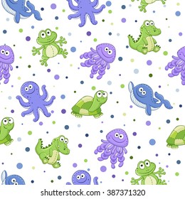 Seamless pattern with stuffed toys. Cute cartoon animals background. Turtle, crocodile, octopus, jellyfish, frog and whale.