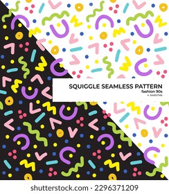 Patrón sin foco en el estilo de los años 90, hecho de líneas de doodle y formas geométricas de acequia abstractas. Plantilla de diseño sobre fondo blanco o transparente, aquí se muestra en negro, se incluyen los swatches