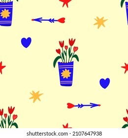 Seamless pattern in the style of 60x - 70s hand-drawn flowers in a vase for packaging, textiles, website design, printing