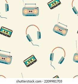 Seamless pattern in the style of the 70s. depicting an audio cassette, a boombox, headphones