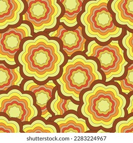 Seamless pattern in the style of the 70s - flowers, leaves, waves, shapes. Old textiles with botanical ornaments.