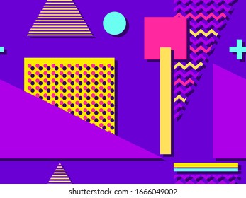 Seamless pattern in the style of the 80s and 90s with geometric shapes and memphis elements. Trendy colorful retro background for promotional products, wrapping paper and printing. Vector illustration