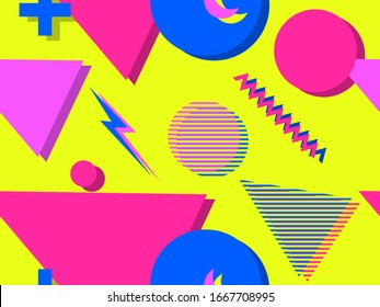 Seamless pattern in the style of the 80s and 90s with geometric shapes and memphis elements. Trendy colorful retro background for promotional products, wrapping paper and printing. Vector illustration