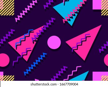 Seamless pattern in the style of the 80s and 90s with geometric shapes and memphis elements. Trendy colorful retro background for promotional products, wrapping paper and printing. Vector illustration