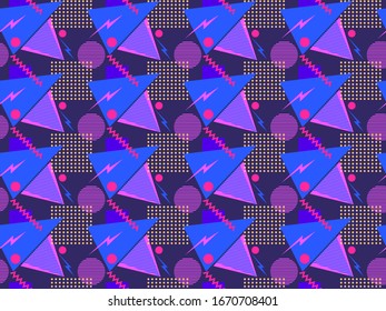Seamless pattern in the style of the 80s and 90s with geometric shapes and memphis elements. Trendy colorful retro background for promotional products, wrapping paper and printing. Vector illustration