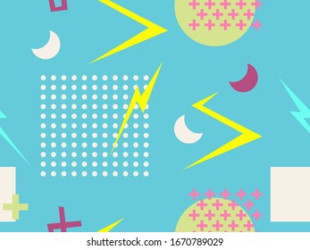 Patrón sin inconvenientes en el estilo de los años 80 y 90 con formas geométricas y elementos memphis. Fondo retro moderno y colorido para productos promocionales, papel para envolver e impresión. Ilustración del vector