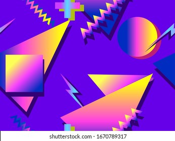 Seamless pattern in the style of the 80s and 90s with colorful gradient geometric shapes. Memphis style. Trendy design template with vibrant gradient colors. Vector illustration