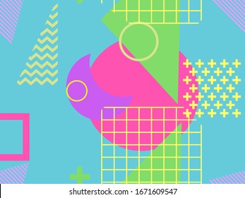 Patrón sin inconvenientes en el estilo de los años 80 y 90 con formas geométricas y elementos memphis. Fondo retro moderno y colorido para productos promocionales, papel para envolver e impresión. Ilustración del vector