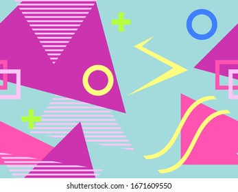 Seamless pattern in the style of the 80s and 90s with geometric shapes and memphis elements. Trendy colorful retro background for promotional products, wrapping paper and printing. Vector illustration