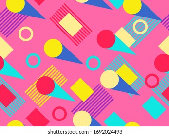 Seamless pattern in the style of the 80s and 90s with geometric shapes and memphis elements. Trendy colorful retro background for promotional products, wrapping paper and printing. Vector illustration