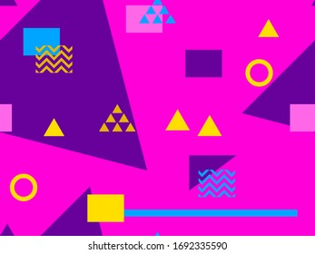 Nahtloses Muster im Stil der 80er und 90er Jahre mit geometrischen Formen und Memphis-Elementen. Trendfarbiger Retro-Hintergrund für Werbeprodukte, Verpackungspapier und Druck. Vektorillustration