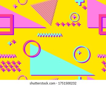 Seamless pattern in the style of the 80s and 90s with geometric shapes and memphis elements. Trendy colorful retro background for promotional products, wrapping paper and printing. Vector illustration