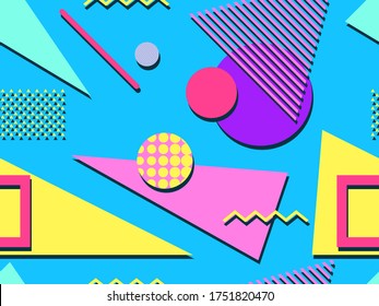 Patrón sin inconvenientes en el estilo de los años 80 y 90 con formas geométricas y elementos memphis. Fondo retro a la moda y colorido para productos promocionales, papel envolvente e impresión. Ilustración del vector