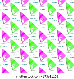 A seamless pattern in the style of the 80's, windsurfing. Multicolored sailboats against the white background. Universal print for clothing, wallpaper, fabric. Vector illustration EPS 8