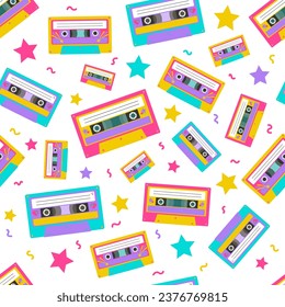 Seamless pattern in style of 90s. Bright vintage background with audio cassettes. Neon colors. Decor textile, wrapping paper and trendy hipster wallpaper. Vector illustration in retro style