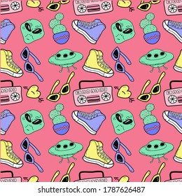 seamless pattern in the style of the 90s, with ufo, sneakers, glasses, radio tape recorder