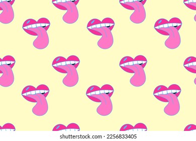Seamless pattern in the style of the 90s with viva magenta lips and protruding tongue. Endless backdrop back to the nineties. Wallpaper and bed linen print with rock'n'roll symbol. 