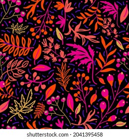 Seamless pattern in the style of autumn leaves and berries. Vintage pattern.Vector illustration. Used for wallpaper, printing wrapping paper, textiles.