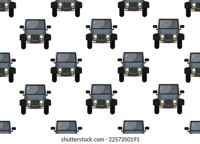 Seamless pattern with style black car on white background. Endless backdrop with off road vehicle. Wallpaper and bed linen print. Marketing material.