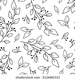 Seamless pattern in the style of botanical doodles with twigs of plants on a white background. Suitable for wrapping paper, various textiles, as well as as a background for printing.
