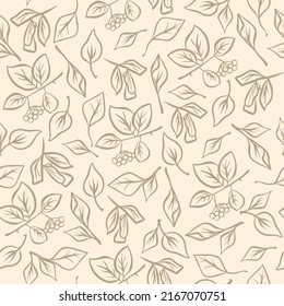 Seamless pattern in the style of botanical doodles with twigs of plants on a white background. Suitable for wrapping paper, various textiles, as well as as a background for printing.