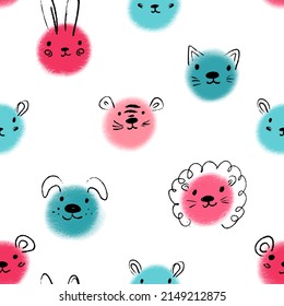 Seamless pattern in style of children's doodles on colored paint spots on white background. Cute little animals. Clean, fresh design for children's clothes, nurseries, backgrounds, wallpapers, fabrics