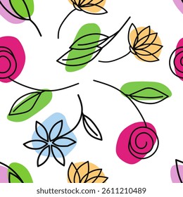 Seamless pattern in the style of children's drawing flowers on a white background. Suitable for coloring fabric, wallpaper, wrapping paper and more.
