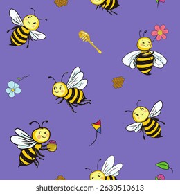 Seamless pattern in the style of children's drawing. Various bees and objects. Suitable for fabric, wallpaper, wrapping paper, background, texture.
