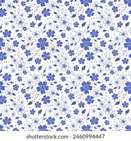 Seamless pattern in the style of Ditzy Liberty in white and blue tones. A simple modern drawing. Floral texture for textiles and clothing design. Vector botanical print.