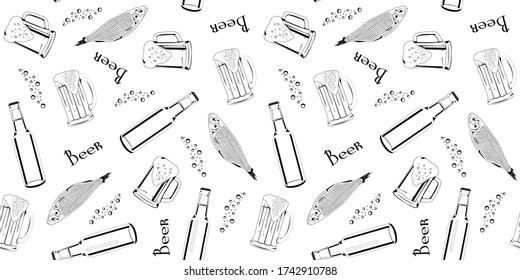 Seamless pattern in the style of Doodle on the theme of beer. Illustration from a set of beer mugs, beer bottles and fish. The picture with the beer foam