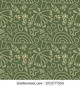 Seamless pattern in the style of doodle on a green background with an illustration of a mushroom mushroom, a butterfly moth, leaves, uvet and berries