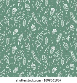 Seamless pattern in the style of doodles. Plant motifs, forest. Twigs, blades of grass, acorns, leaves, berries. White outline on a light green background