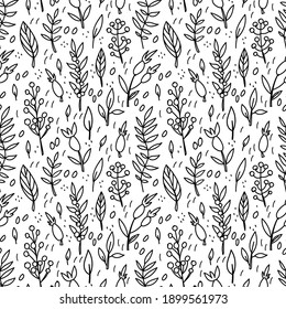 Seamless pattern in the style of doodles. Plant motifs. Twigs, blades of grass, flowers, berries. Black outline on white background