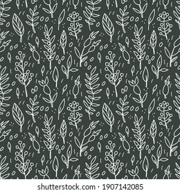 Seamless pattern in the style of doodles. Plant motifs. Twigs, blades of grass, flowers, berries. 