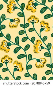 Seamless pattern in the style of folk painting. Floral pattern with decorative flowers and leaves on a continuous vine. Nice botanical print with a vintage design. Vector.