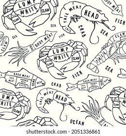 Seamless pattern in the style of handmade graphics for seafood shop. Crab, lobster, shrimp, fish and squid image. Vector illustration