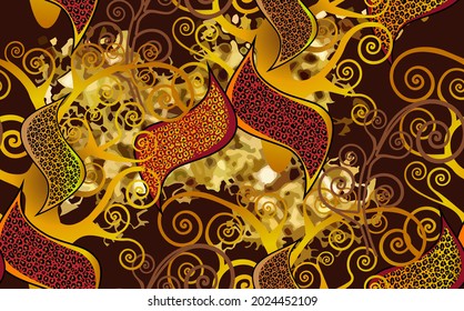 Seamless pattern in the style of Klimt. Leopard skin, red and gold coloring