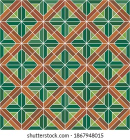 Seamless pattern in style  Kumiko zaiku in brown lines. Green and brown colors.