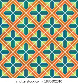 Patrón sin foco en el estilo Kumiko zaiku en líneas marrones. Los colores son verde, naranja y azul.