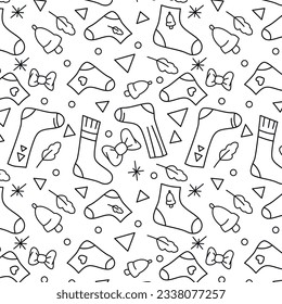 seamless pattern in the style of line art, on the theme of christmas, elements of socks and bows. Patern on white background