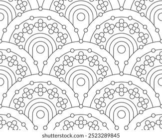 Seamless pattern in the style of line art. Clear wavy geometric lines with cute flowers. Print in polka dot style. Japanese national motifs.